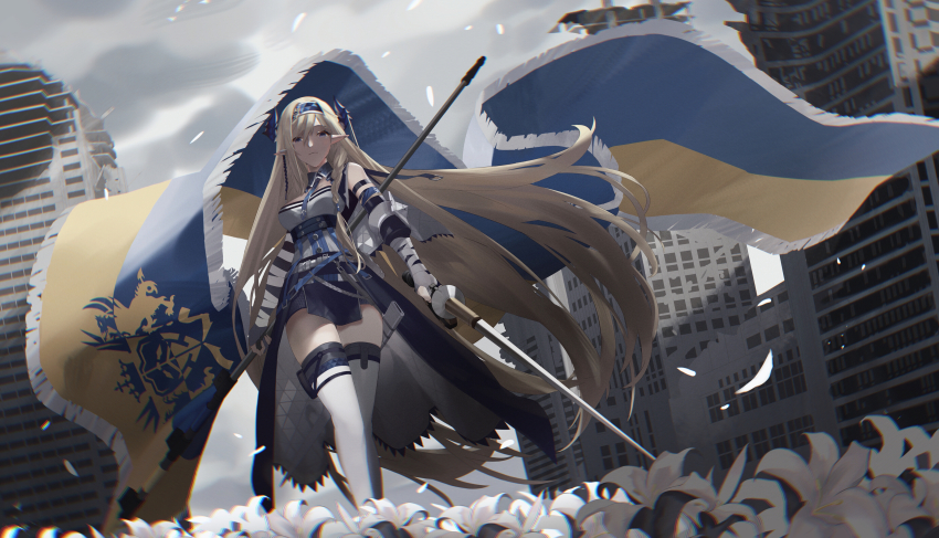 1girl, absurdly_long_hair, absurdres, arknights, battle_standard, blonde_hair, blue_eyes, blue_hairband