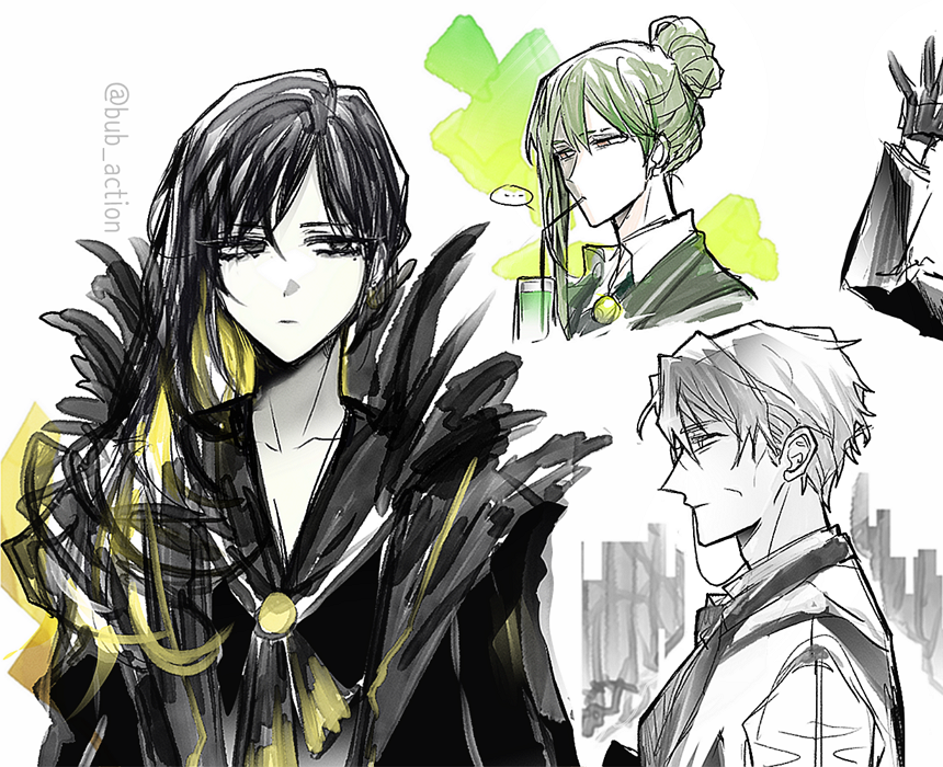 1girl, 2boys, binah_(project_moon), black_coat, black_dress, black_eyes, black_hair, black_sailor_collar