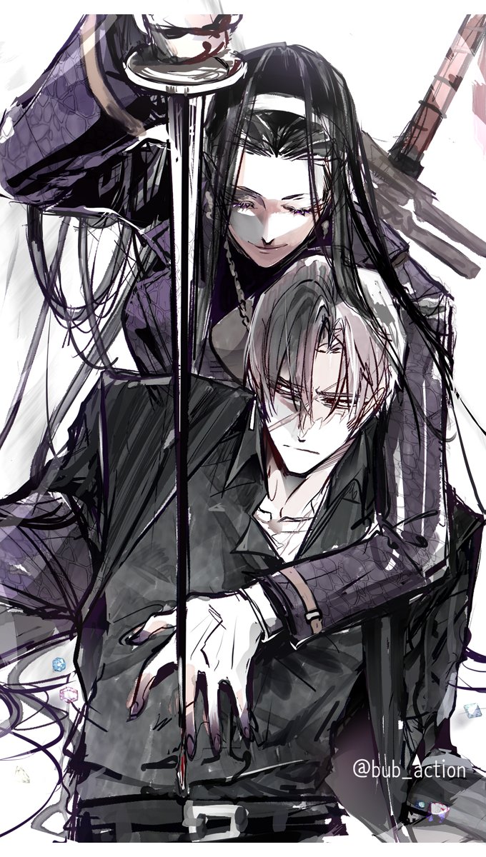 1boy, 1girl, belt, black_belt, black_hair, black_shirt, bub_action, closed_eyes