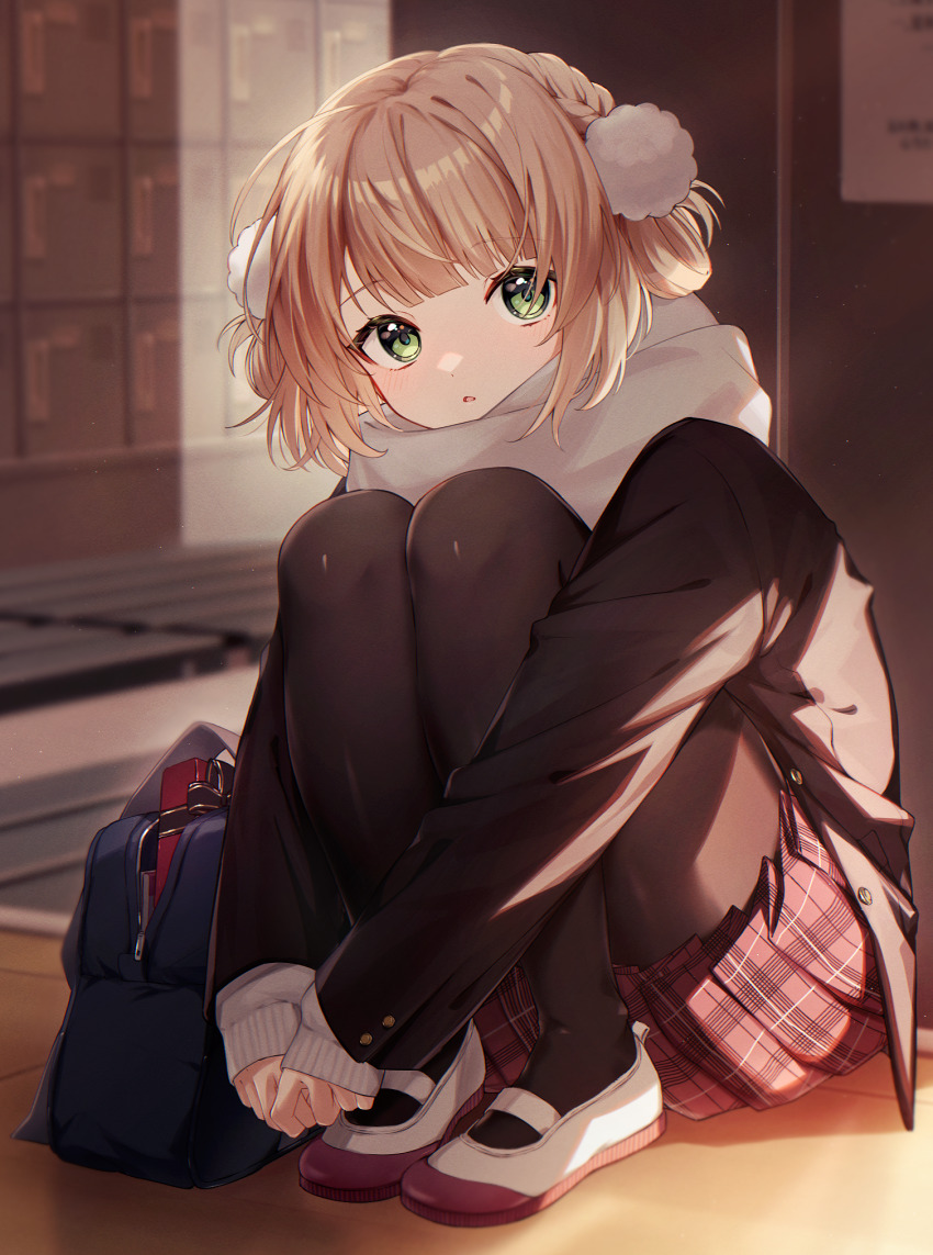 1girl, bag, black_jacket, black_pantyhose, blonde_hair, blunt_bangs, blush, commentary_request
