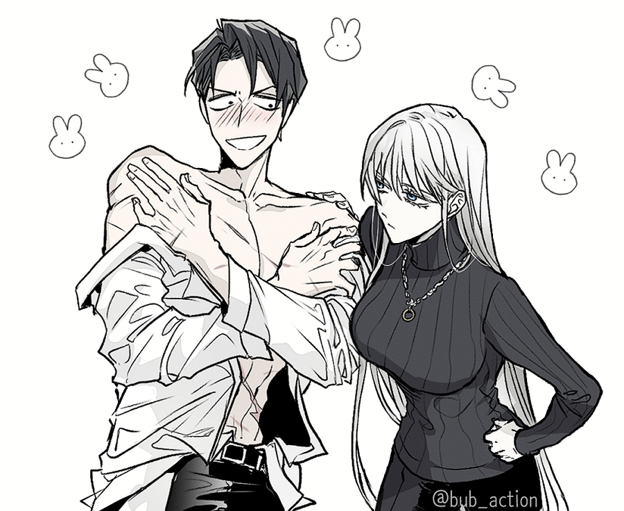 1boy, 1girl, angelica_(project_moon), black_eyes, black_hair, black_pants, black_sweater, blue_eyes