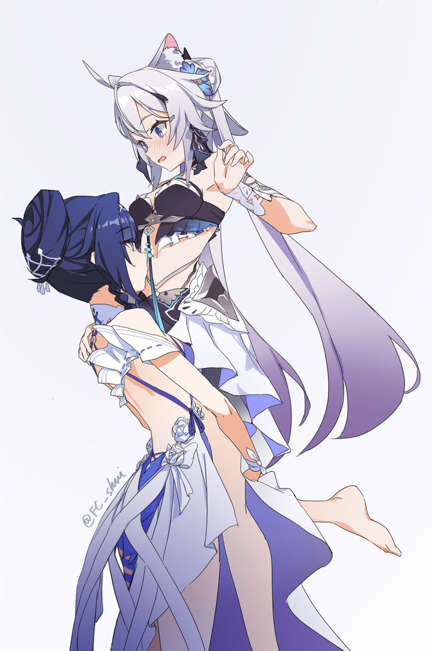 2girls, animal_ears, barefoot, blush, hetare_mizu, highres, honkai_(series), honkai_impact_3rd