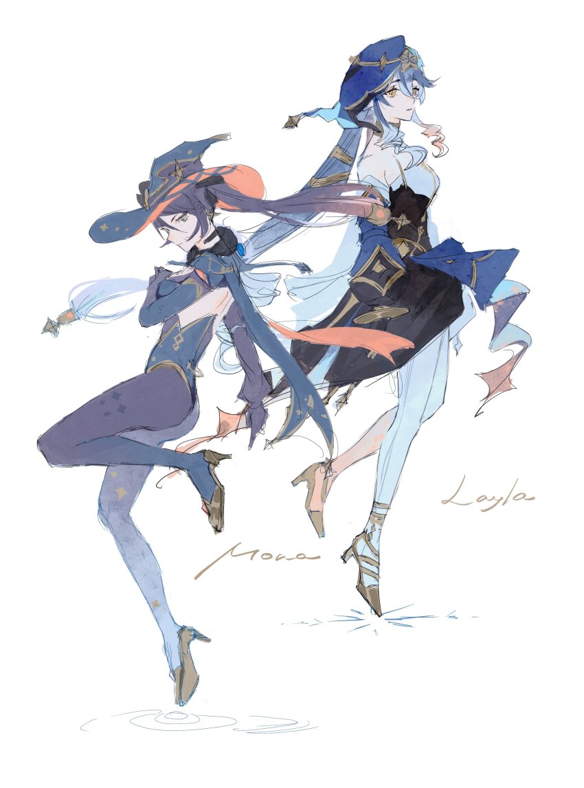 2girls, absurdres, black_gloves, black_hair, black_pantyhose, blue_cape, blue_eyes, blue_hair