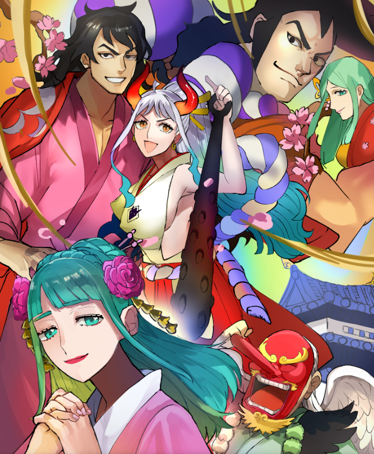 3boys, 3girls, aqua_eyes, aqua_hair, black_hair, club, club_(weapon), curled_horns