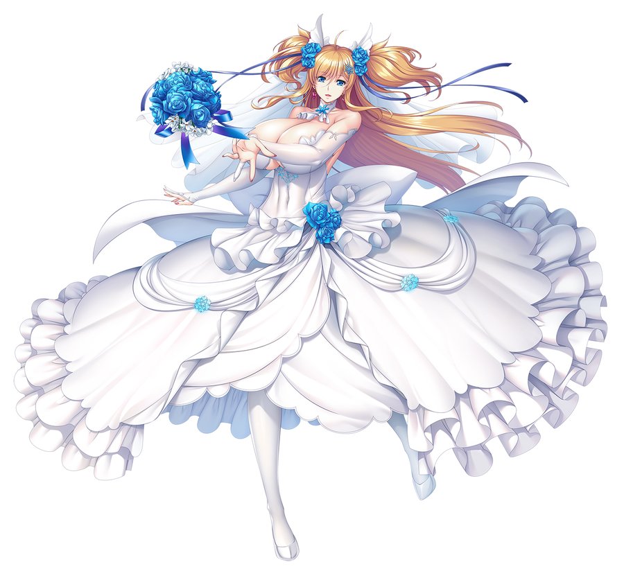 1girl, alternate_costume, aoi_nagisa_(metalder), blonde_hair, blue_eyes, breasts, bridal_bouquet, bride