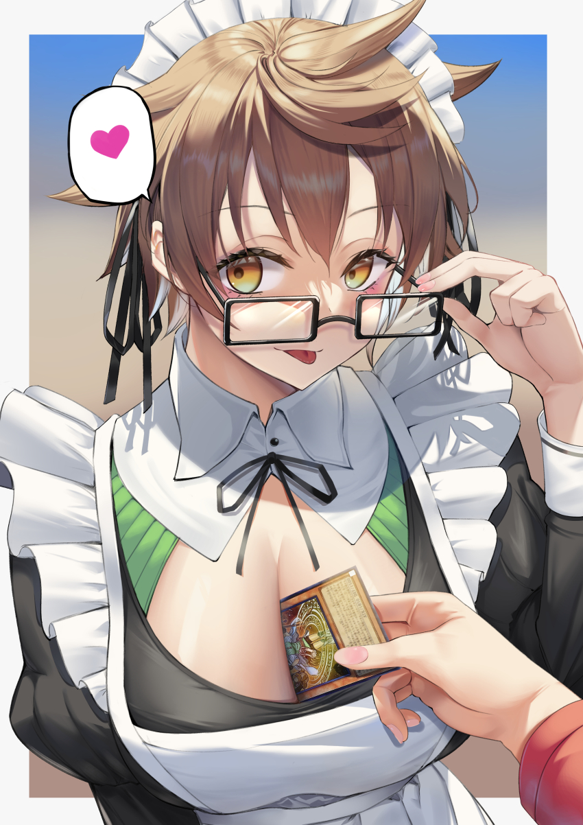1girl, 1other, absurdres, adjusting_eyewear, alternate_costume, ambiguous_gender, apron, aussa_(yu-gi-oh!), aussa_the_earth_channeler, between_breasts, breasts, brown_eyes, brown_hair, card, card_between_breasts, cleavage, detached_collar, duel_monster, enmaided, frilled_apron, frills, glasses, hand_up, heart, highres, juliet_sleeves, large_breasts, long_sleeves, maid, maid_headdress, puffy_sleeves, sayaka_ikku, short_hair, spoken_heart, yu-gi-oh!