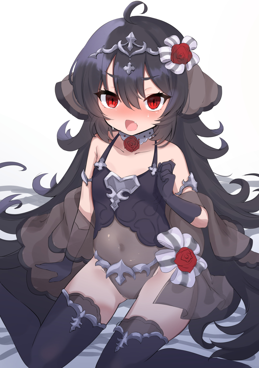 1girl, absurdres, ahoge, akahaneko, armlet, bare_shoulders, black_hair, blush, choker, collarbone, covered_navel, fang, hair_ornament, highres, illya_(ceremonial)_(princess_connect!), illya_(princess_connect!), illya_(small)_(princess_connect!), jewelry, leotard, llya_(ceremonial)_(princess_connect!), long_hair, open_mouth, princess_connect!, red_eyes, solo, thighhighs, tiara, veil, very_long_hair