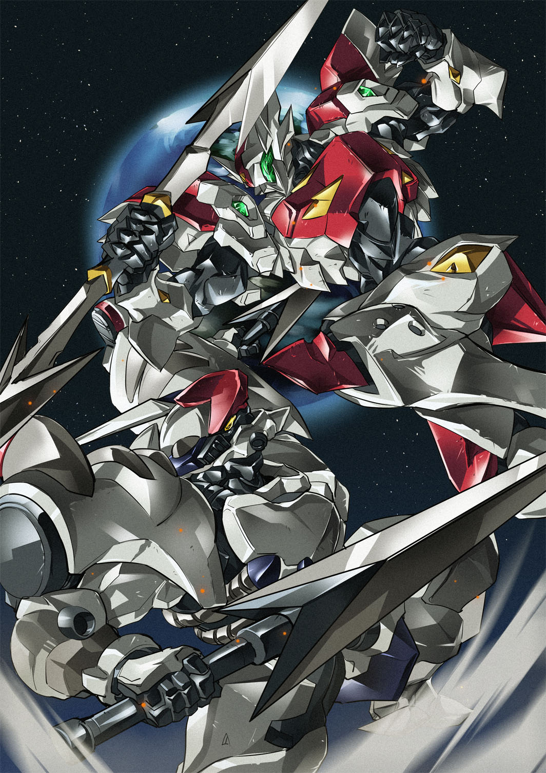 1990s_(style), armor, detonator_orgun, earth_(planet), highres, holding, holding_weapon, mecha