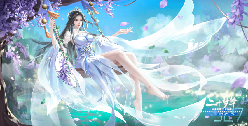 1girl, absurdres, bare_legs, blue_sky, building, closed_mouth, cloud, dress, earrings, facial_mark, falling_petals, flower, forehead_mark, fu_guang_qingqing, full_body, highres, jewelry, lu_xueqi_(zhu_xian), mountain, outdoors, petals, reaching, second-party_source, sky, solo, swing_set, tiara, water, white_dress, wisteria, zhu_xian