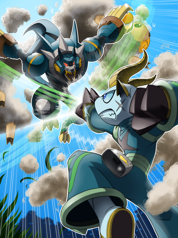 ._., 2boys, blue_eyes, claws, clenched_teeth, colored_sclera, commentary_request, day, fangs, fighting, goat, kung_foo_kid_(mega_man), male_focus, mega_man_(series), mega_man_star_force_(series), mega_man_star_force_2, multiple_boys, napo, outdoors, red_sclera, scar, scar_on_face, sharp_teeth, tail, teeth, werewolf, wolf_woods_(mega_man)