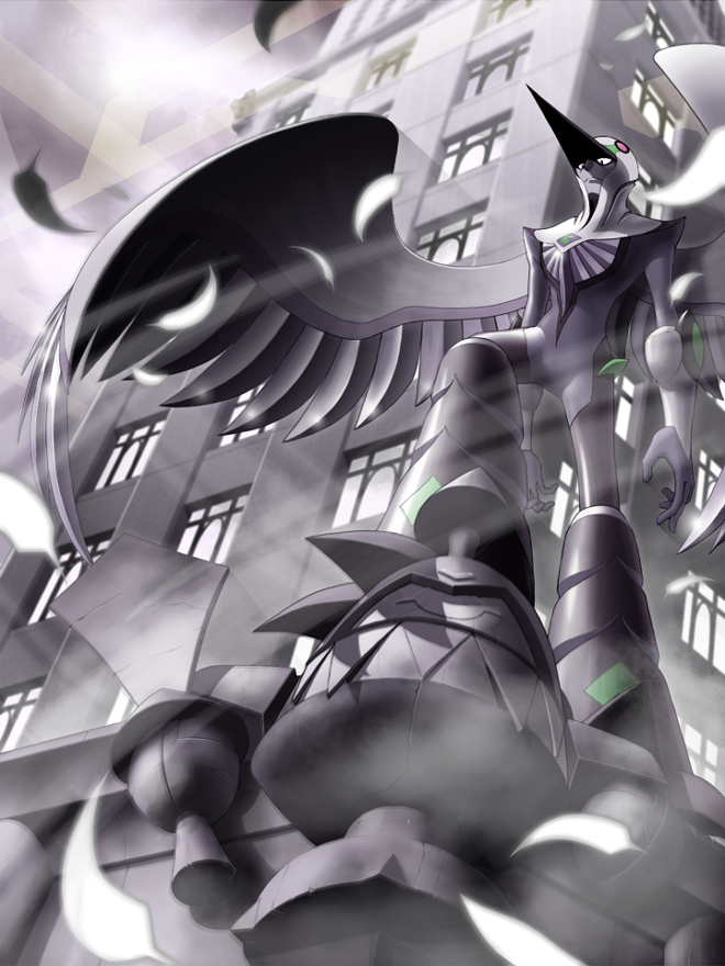 1boy, bird, building, commentary_request, cygnus_wing_(mega_man), feathers, male_focus, mega_man_(series)