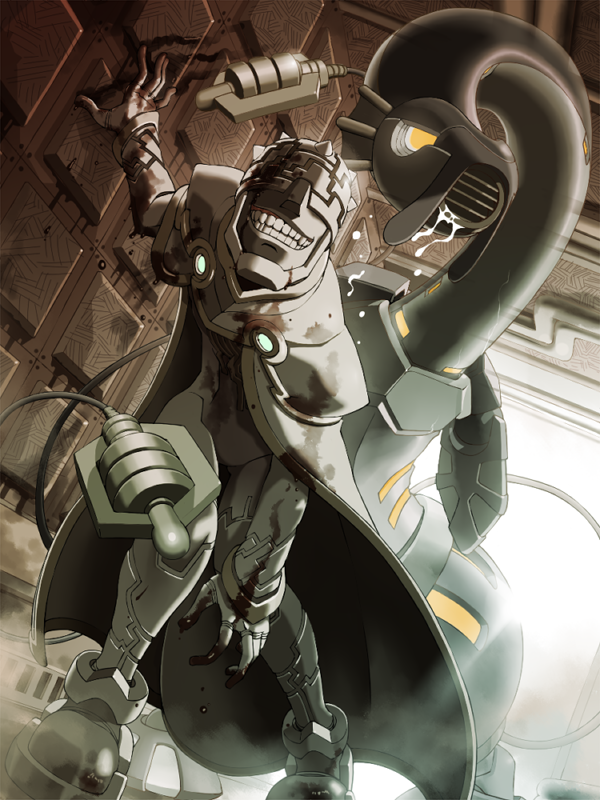 1boy, android, bleeding, blood, clenched_teeth, cloak, commentary_request, covered_eyes