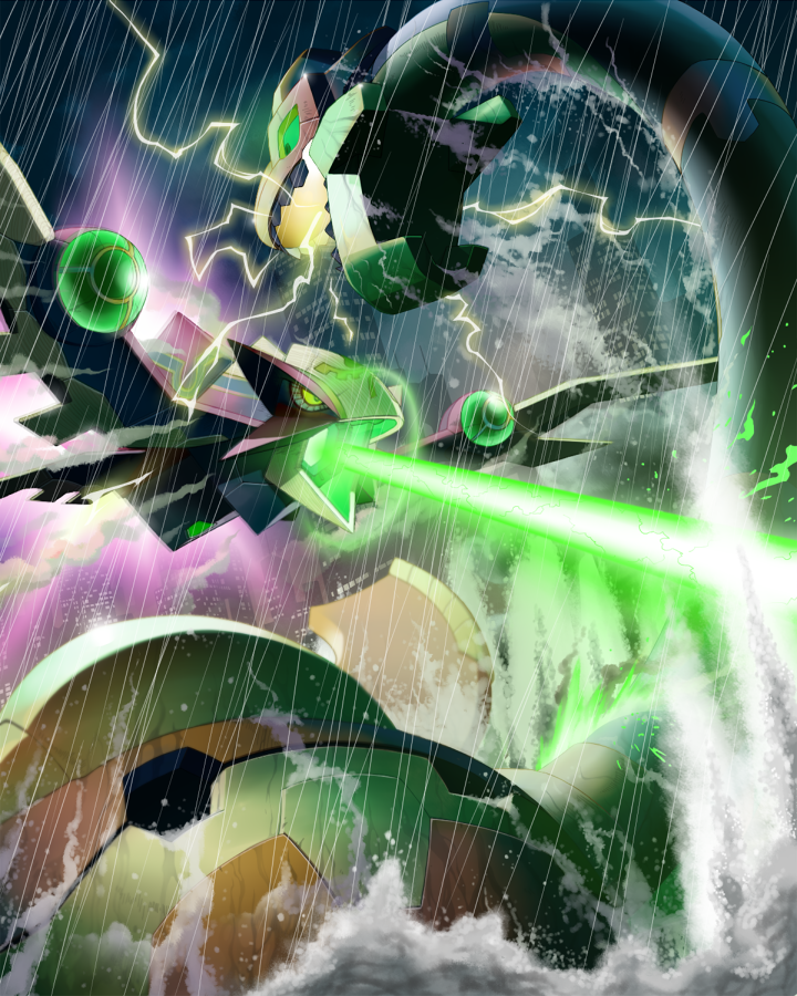 cityscape, commentary_request, fighting, flying, green_eyes, in_water, laser, light