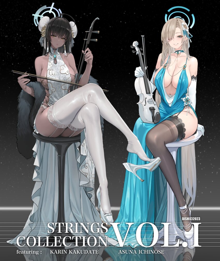 2girls, absurdres, ahoge, alternate_costume, asuna_(blue_archive), asymmetrical_bangs, bare_shoulders, black_thighhighs