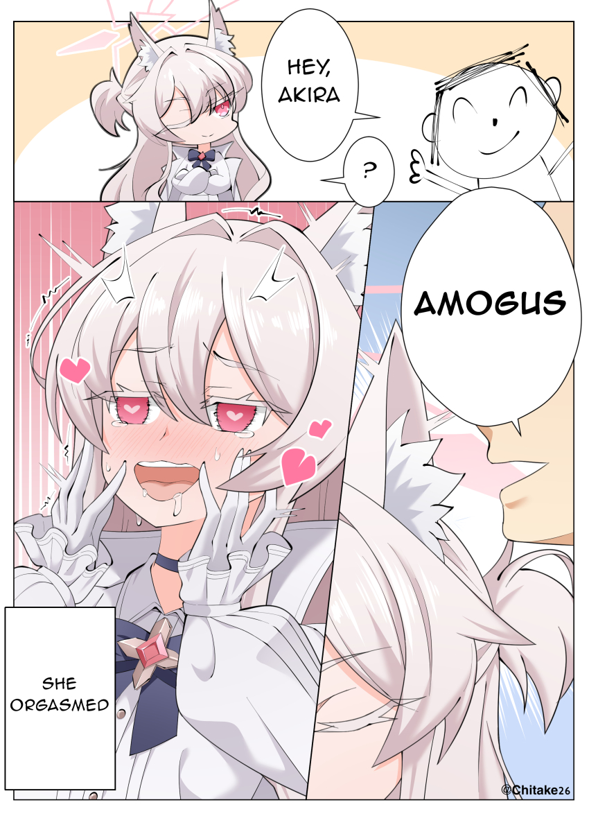 1boy, 1girl, absurdres, ahegao, akira_(blue_archive), among_us, animal_ear_fluff, animal_ears, aroused, blue_archive, comic, doodle_sensei_(blue_archive), english_text, fox_ears, fox_girl, hair_between_eyes, halo, hands_on_own_face, heart, heart-shaped_pupils, highres, long_hair, looking_at_another, one_eye_closed, open_mouth, pink_eyes, sensei_(blue_archive), shirozaya, smile, speech_bubble, symbol-shaped_pupils, whispering, white_hair