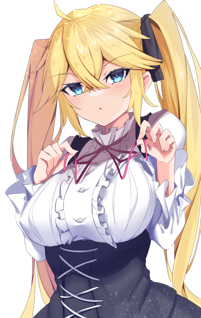 1girl, ahoge, angelica_ainsworth, black_ribbon, black_skirt, blonde_hair, blue_eyes, breasts