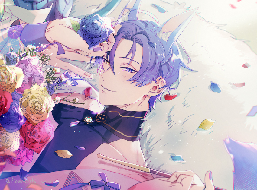 1boy, animal_ears, bishounen, blue_flower, blue_rose, bouquet, confetti, flower