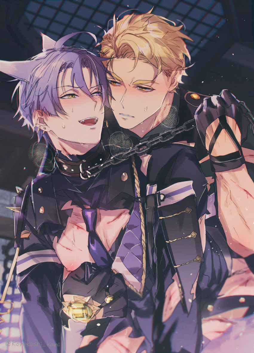 2boys, animal_ears, bags_under_eyes, bishounen, bite_mark, black_gloves, blonde_hair, blood