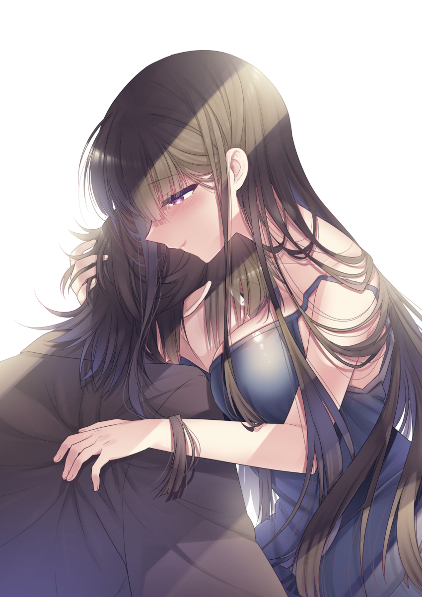 1boy, 1girl, ani_to_imouto_no_shitai_shitai_shitai_koto, between_breasts, black_dress, black_shirt, breasts, brother_and_sister, brown_hair, character_request, collarbone, constricted_pupils, dress, face_between_breasts, hand_on_another's_back, hand_on_another's_head, hano_haruka, head_between_breasts, highres, hug, large_breasts, long_hair, moriyama_kouta, moriyama_shizuku, purple_hair, shadow, shirt, siblings, smile, strap_slip