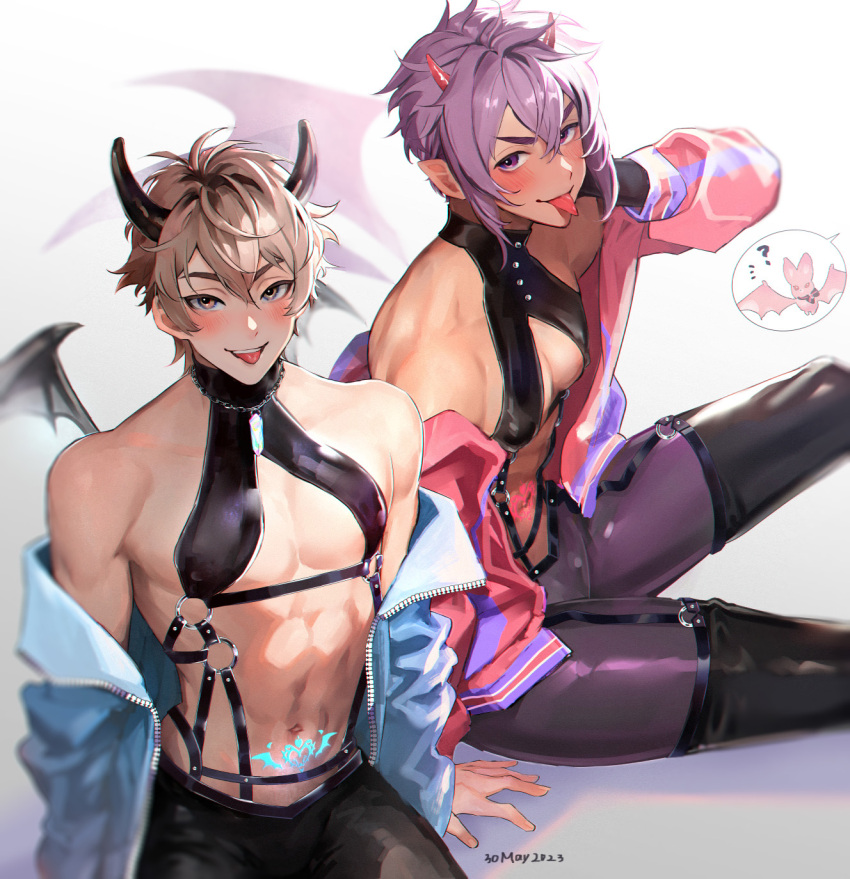 2boys, ?, abs, aster_(bat)_(nu_carnival), aster_(nu_carnival), bat_(animal), bishounen, blush, brown_eyes, brown_hair, chest_harness, demon_boy, demon_horns, demon_tail, demon_wings, eiden_(nu_carnival), gem, glowing, glowing_tattoo, harness, highres, horns, latex_top, long_sleeves, looking_at_viewer, male_focus, morvay_(nu_carnival), multiple_boys, navel, nu_carnival, off_shoulder, owner_bird, pointy_ears, pubic_tattoo, purple_eyes, purple_hair, red_horns, short_hair, smile, stomach_tattoo, tail, tattoo, wings