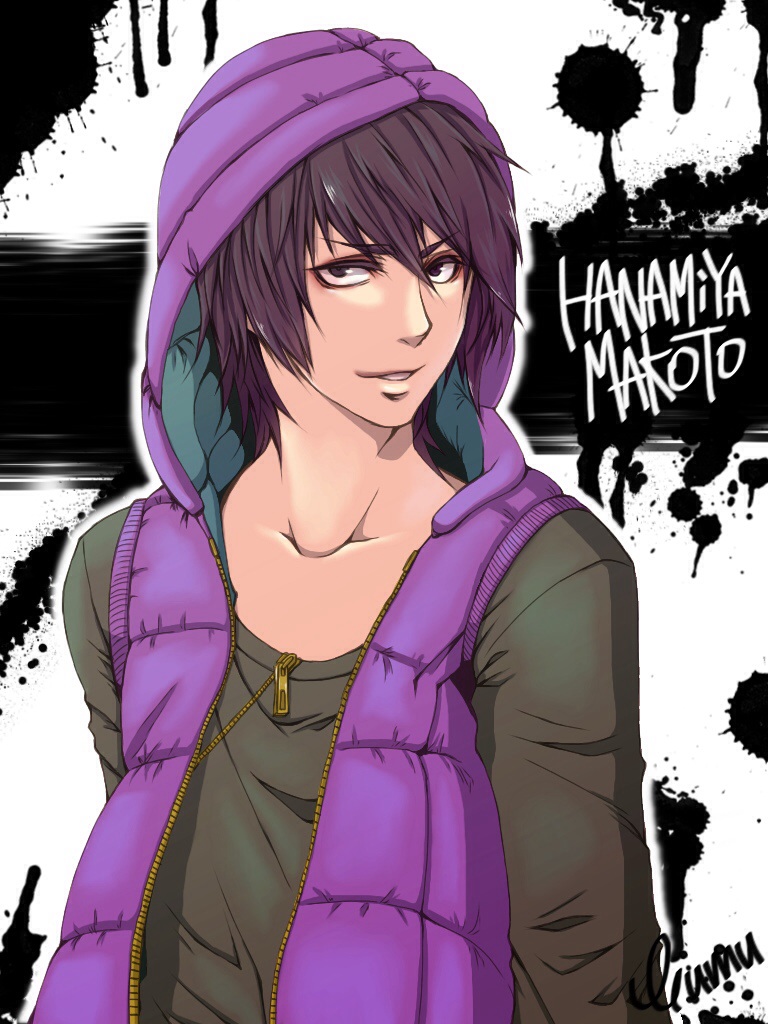 1boy, black_eyes, black_shirt, character_name, collarbone, hanamiya_makoto, hood, hood_up