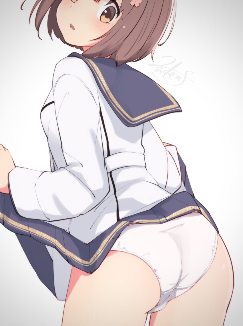 1girl, ass, blush, brown_eyes, brown_hair, clothes_lift, cowboy_shot, dress