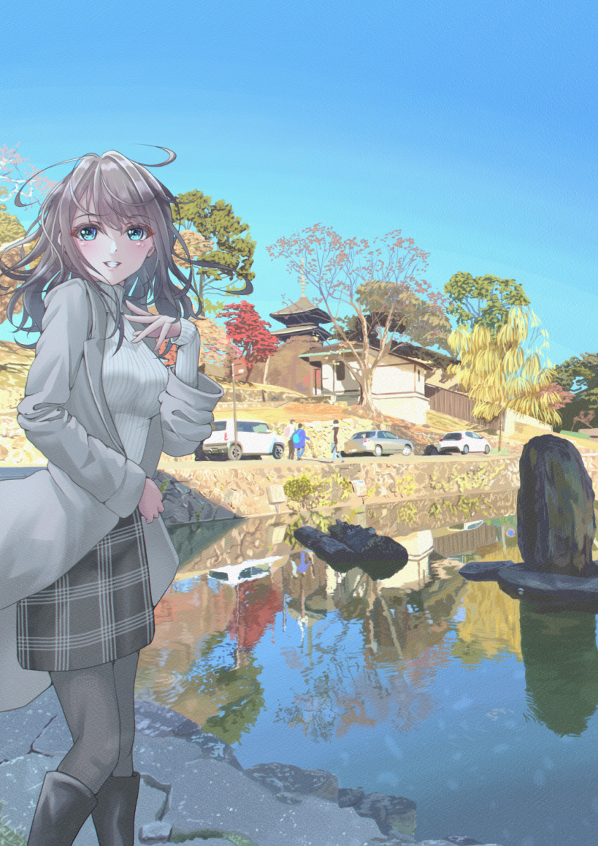 1girl, black_boots, black_pantyhose, blue_eyes, blue_sky, blush, boots, brown_hair, building, car, clear_sky, day, feet_out_of_frame, from_side, grey_jacket, grey_sweater, grin, hand_on_own_chest, highres, house, jacket, knee_boots, landscape, lapels, log, long_bangs, long_sleeves, looking_at_viewer, looking_back, motor_vehicle, nara_(city), nature, open_clothes, open_jacket, open_mouth, original, outdoors, pagoda, pantyhose, pencil_skirt, people, plaid_clothes, plaid_skirt, pond, real_world_location, reflection, reflective_liquid, ribbed_sweater, rock, sena_(illust_sena), shade, skirt, sky, smile, solo, sweater, teeth, tree, turtleneck, turtleneck_sweater