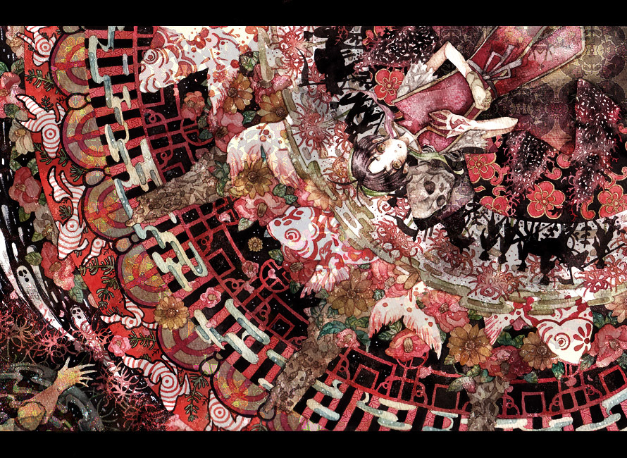 1boy, abstract, bad_id, bad_pixiv_id, brown_hair, fish, gensou_suikoden, gensou_suikoden_i, letterboxed, male_focus, painting_(medium), secco_(pixiv), sekko_(gerard_no_koibito), skull, solo, surreal, tir_mcdohl, traditional_media, watercolor_(medium)