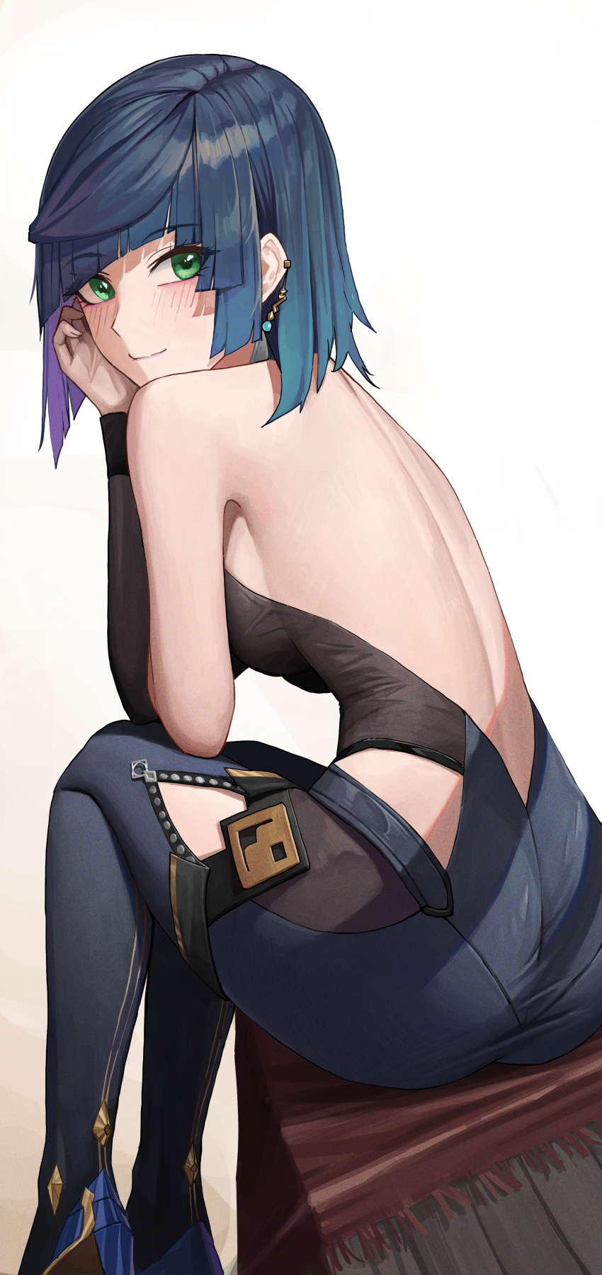 1girl, absurdres, ass, back, backless_outfit, bare_shoulders, blue_hair, blush