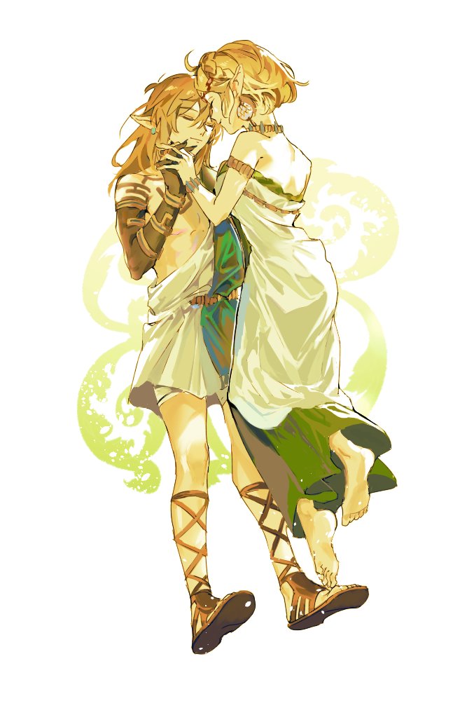 1boy, 1girl, archaic_set_(zelda), armlet, bare_shoulders, barefoot, blonde_hair, braid