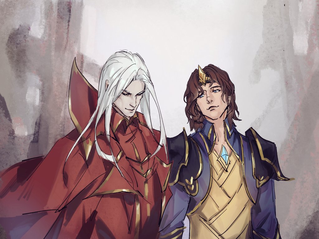 2boys, brown_hair, brown_shirt, cape, grey_background, king_viego, league_of_legends, long_hair
