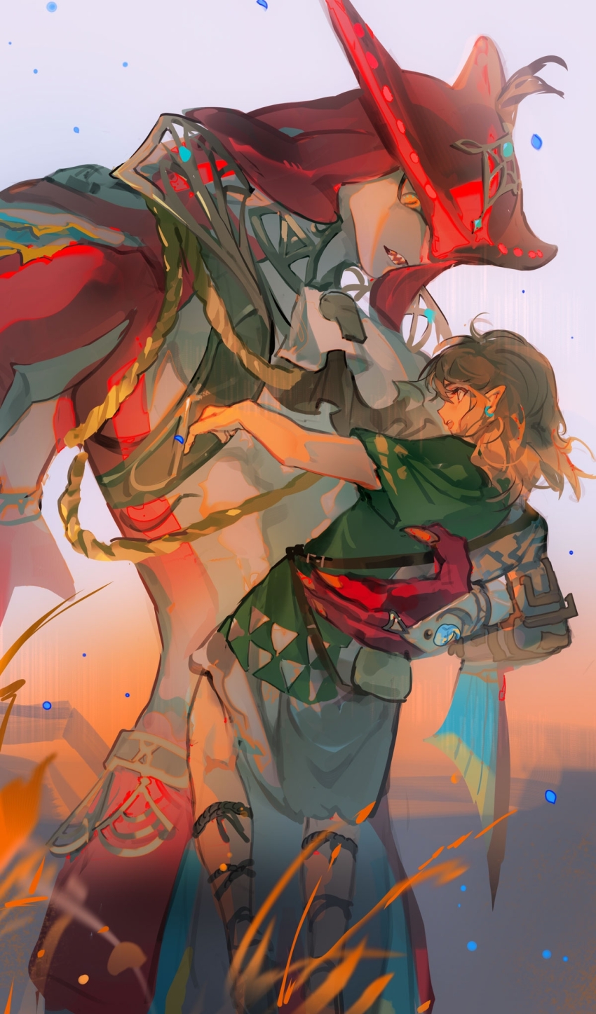 2boys, akai_999, archaic_set_(zelda), blonde_hair, carrying, carrying_person, claws, colored_skin