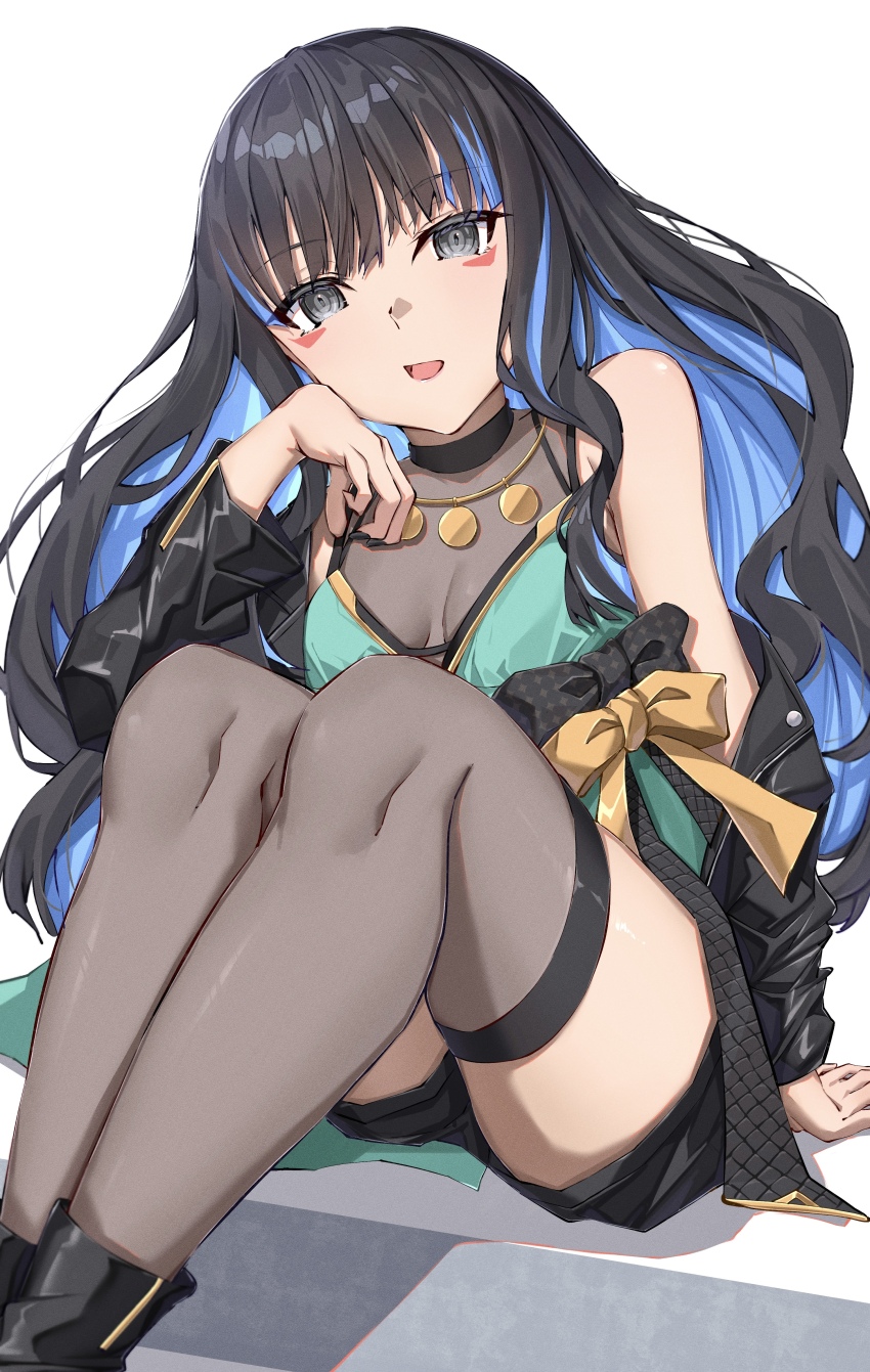 1girl, absurdres, bare_shoulders, black_hair, black_jacket, blue_hair, blush, breasts