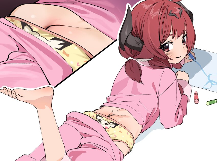 1girl, ahoge, animal_ears, ass, back-print_panties, barefoot, borrowed_character, butt_crack, crayon, dorontabi, drawing, feet, female_focus, gen_2_pokemon, goat-chan_(enarane), highres, horns, loli, looking_back, low_twintails, lying, nintendo, on_stomach, original, pajamas, pajamas_pull, panties, pichu, pink_pajamas, pokemon, print_panties, red_hair, short_twintails, simple_background, solo, toes, twintails, underwear, white_background, yellow_panties, zoom_layer