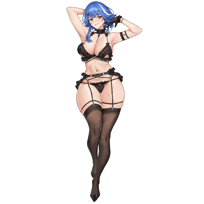 1girl, arm_behind_head, armpits, arms_up, black_bra, black_choker, black_footwear, black_fur, black_garter_belt, black_gloves, black_panties, black_ribbon, blue_hair, bra, breasts, brown_thighhighs, choker, cleavage, clothing_cutout, collarbone, earrings, frilled_choker, frills, full_body, fur-trimmed_gloves, fur_trim, game_cg, garter_belt, gloves, gluteal_fold, green_eyes, hair_ornament, hairclip, high_heels, highres, jewelry, lace, lace-trimmed_bra, lace-trimmed_garter_belt, lace-trimmed_thighhighs, lace_gloves, lace_panties, lace_trim, large_breasts, last_origin, lingerie, lips, looking_at_viewer, multicolored_hair, navel, o-ring, o-ring_top, official_alternate_costume, official_art, open_mouth, panties, ribbon, sand_girl_(last_origin), see-through_clothes, see-through_panties, short_hair, silver_earrings, simple_background, skindentation, smile, solo, standing, streaked_hair, string_bra, string_panties, tachi-e, thick_thighs, thighhighs, thighs, third-party_source, transparent_background, tunamayo_(dsasd751), two-tone_hair, underboob_cutout, underwear, white_hair, wing_earrings