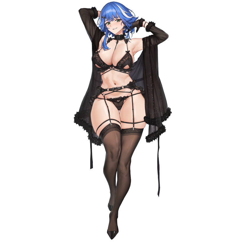 1girl, arm_behind_head, armpits, arms_up, babydoll, black_babydoll, black_bra, black_choker