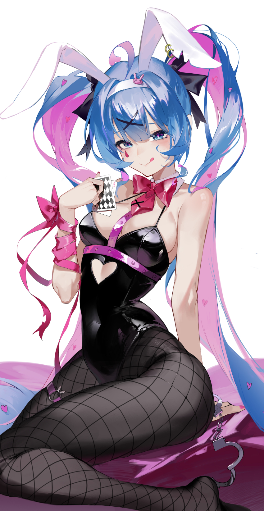 1girl, absurdres, animal_ears, black_leotard, blue_hair, blush, bow, bowtie