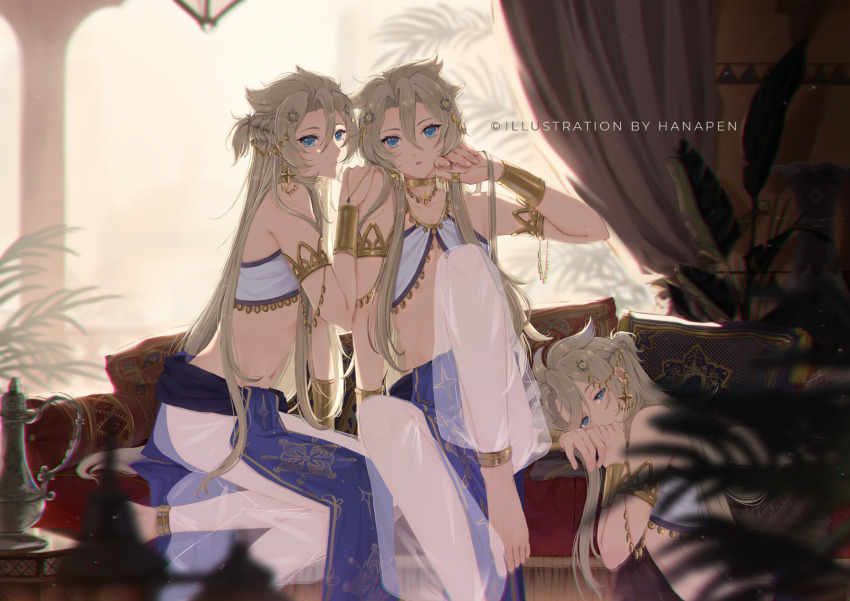 3boys, albedo_(genshin_impact), alternate_costume, alternate_hair_length, alternate_hairstyle, blonde_hair, blue_eyes, clone