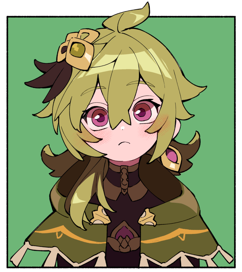 1girl, black_shirt, blush, border, capelet, collei_(genshin_impact), cowlick, earrings, genshin_impact, green_background, green_capelet, green_hair, hair_between_eyes, hair_ornament, head_tilt, highres, hood, hood_down, hooded_capelet, jewelry, nploser, portrait, purple_eyes, shirt, single_earring, solo, white_border