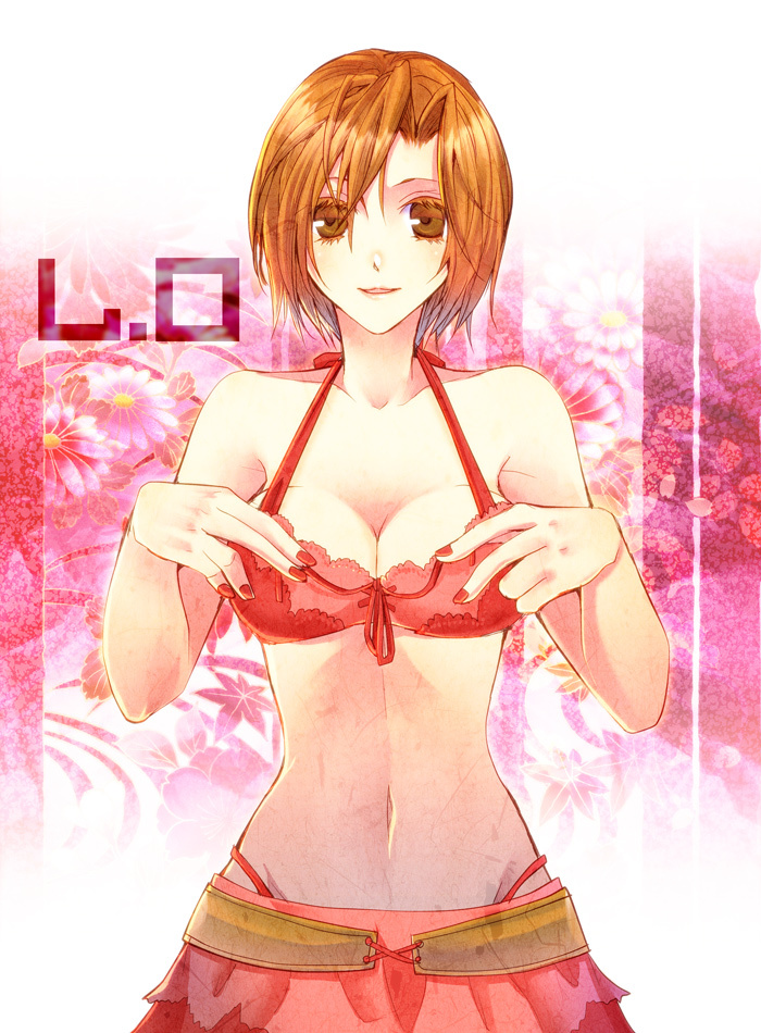 1girl, bad_id, bad_pixiv_id, bra, breasts, brown_eyes, brown_hair, cleavage, female_focus, halterneck, large_breasts, lingerie, meiko_(vocaloid), no_shirt, norihe, panties, panty_peek, red_bra, red_panties, red_skirt, short_hair, skirt, smile, solo, string_panties, underwear, vocaloid