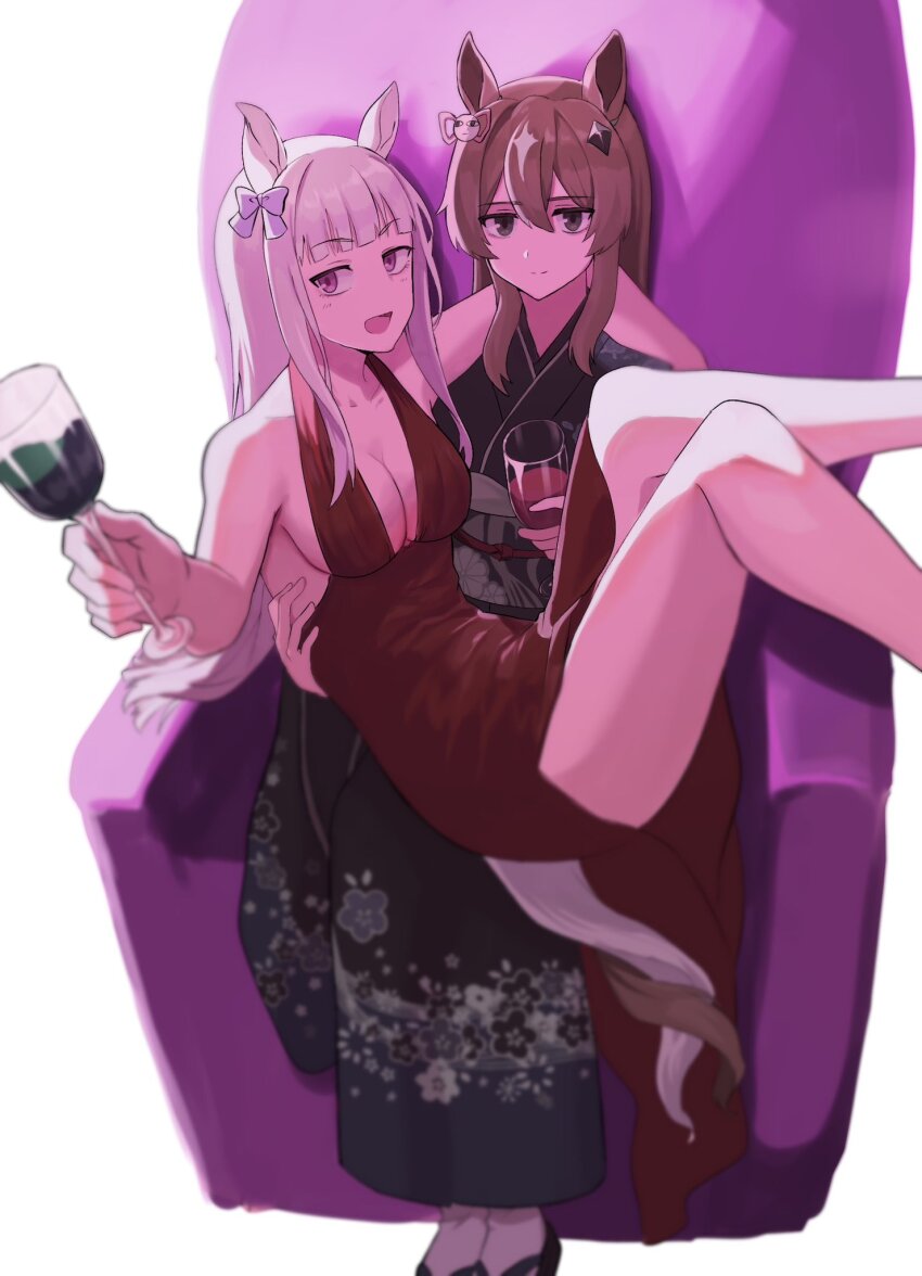 2girls, alcohol, alternate_costume, alternate_hairstyle, animal_ears, bare_shoulders, black_dress, black_kimono, blunt_bangs, bow, breasts, brown_hair, carrying, cleavage, collarbone, couch, cowboy_shot, cup, dress, drinking_glass, full_body, gold_ship_(umamusume), hair_bow, hair_ornament, hand_on_own_shoulder, hand_up, highres, holding, holding_cup, horse_ears, hug, japanese_clothes, justaway, kimono, legs, long_hair, looking_at_viewer, medium_breasts, multicolored_hair, multiple_girls, on_couch, princess_carry, red_wine, rukaruka_ek, sitting, sleeveless, sleeveless_dress, smile, thighhighs, two-tone_hair, umamusume, white_background, white_hair, wide_sleeves, wine, wine_glass, yuri