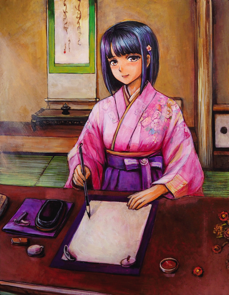 1girl, bamboo_slips, brown_eyes, brush_rest, calligraphy, calligraphy_brush, floral_print, flower, hair_flower, hair_ornament, hakama, holding, holding_brush, indoors, ink, inkstone, japanese_clothes, kimono, light_smile, long_sleeves, looking_at_viewer, medium_hair, original, paintbrush, pink_kimono, purple_hair, scroll, sitting, solo, table, tafuto, tatami, traditional_media, wide_sleeves