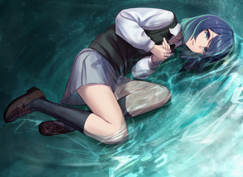 1girl, aqua_eyes, aqua_hair, black_socks, black_sweater, blue_eyes, blue_hair, brown_footwear