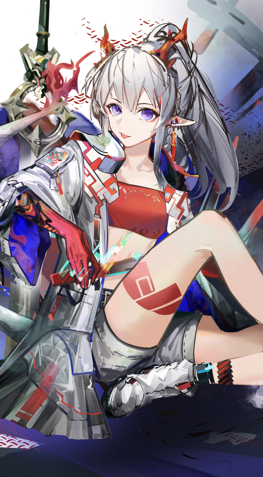 1girl, :p, absurdres, arknights, bandeau, boots, coat, commentary_request, grey_shorts, hanyue, highres, horns, knee_up, long_hair, looking_at_viewer, midriff, nian_(arknights), open_clothes, open_coat, pointy_ears, purple_eyes, short_shorts, shorts, sitting, solo, strapless, thighs, tongue, tongue_out, tube_top, white_boots, white_coat, white_hair