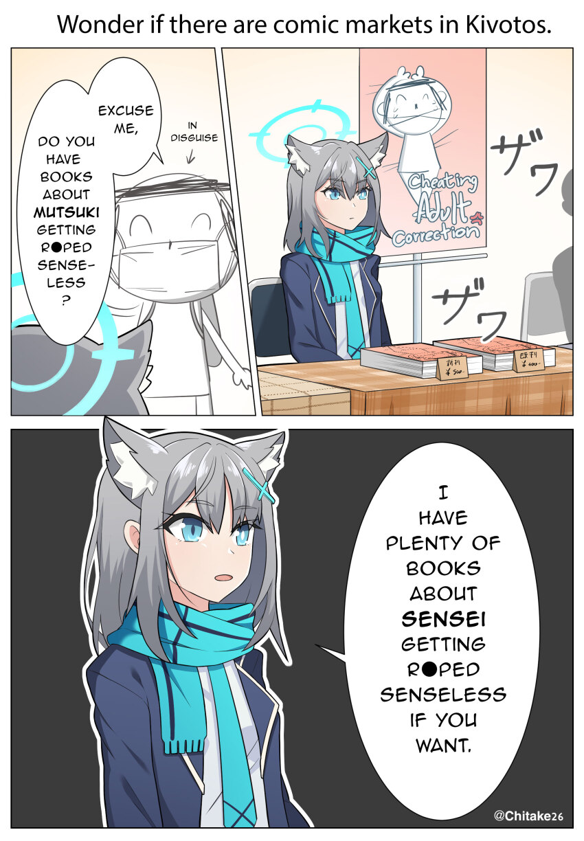 1boy, 1girl, 3koma, absurdres, alternate_language, animal_ear_fluff, animal_ears, aqua_scarf