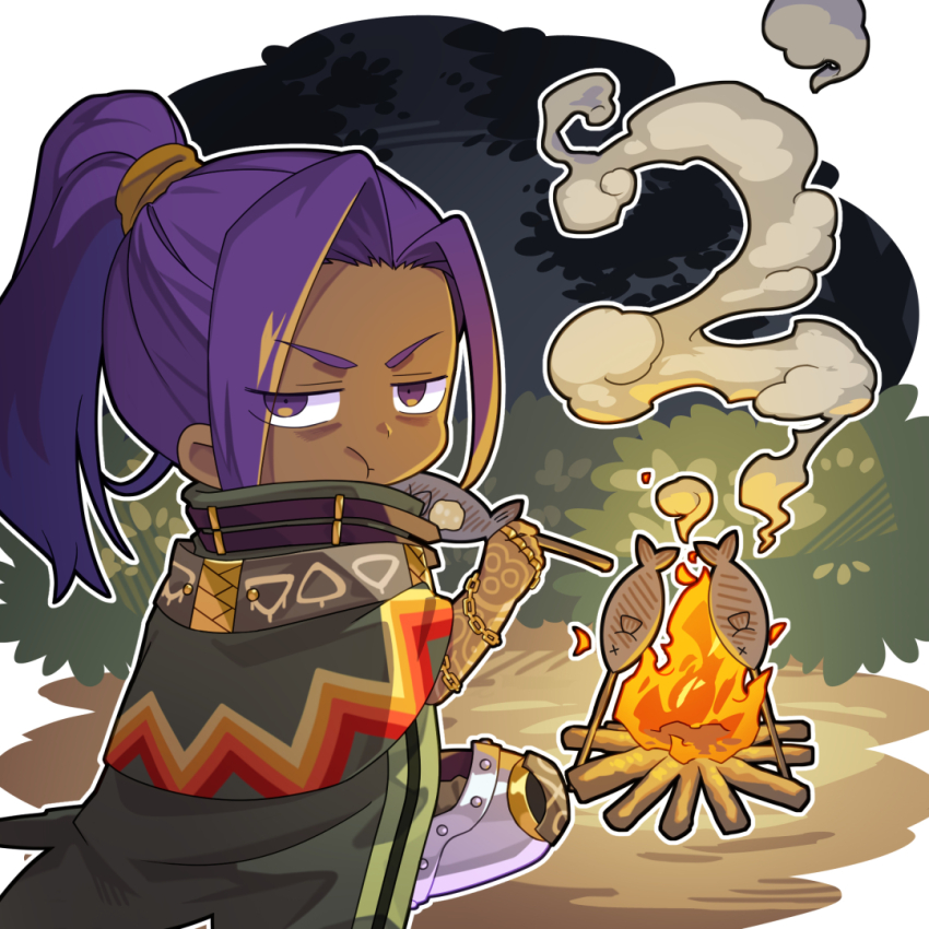 1boy, campfire, chain, cooking, dark-skinned_male, dark_skin, doctor_magus, doctor_magus_5