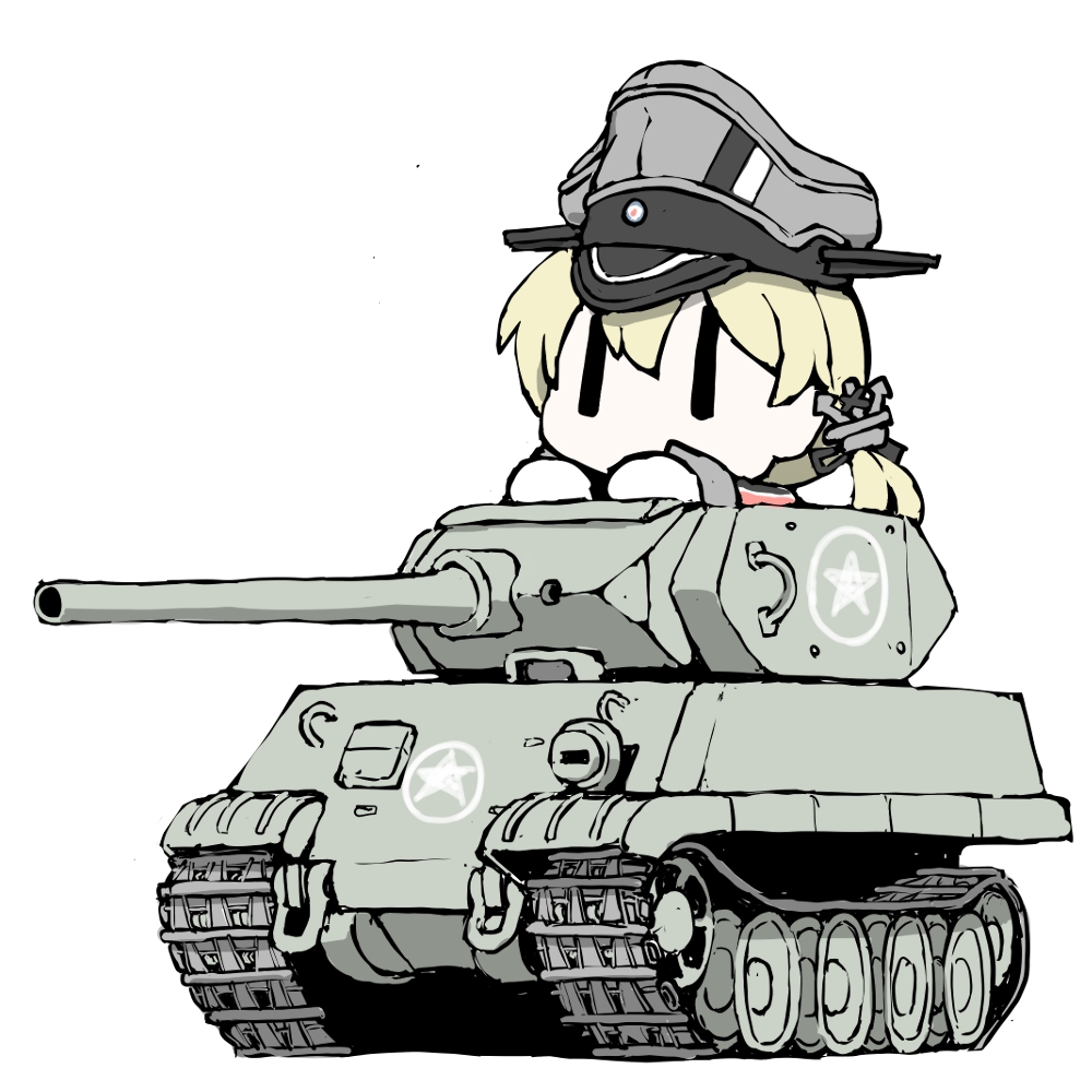 1girl, anchor_hair_ornament, blonde_hair, caterpillar_tracks, ersatz_m10, hair_ornament, hat, kantai_collection, military, military_vehicle, motor_vehicle, on_tank, panther_(tank), peaked_cap, prinz_eugen_(kancolle), solid_eyes, solo, tank, tank_destroyer, task_(s_task80), |_|