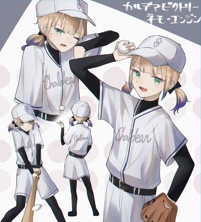 1girl, absurdres, baseball, baseball_bat, baseball_glove, baseball_uniform, belt, black_footwear, black_leggings, blonde_hair, commentary, engineer_nemo_(fate), fate/grail_league, fate/grand_order, fate_(series), green_eyes, highres, holding, holding_baseball_bat, leggings, nemo_(fate), open_mouth, polka_dot, polka_dot_background, shirt, short_twintails, shorts, solo, sportswear, sweat, sweatdrop, tikako117, twintails, undershirt, white_headwear, white_shirt, white_shorts