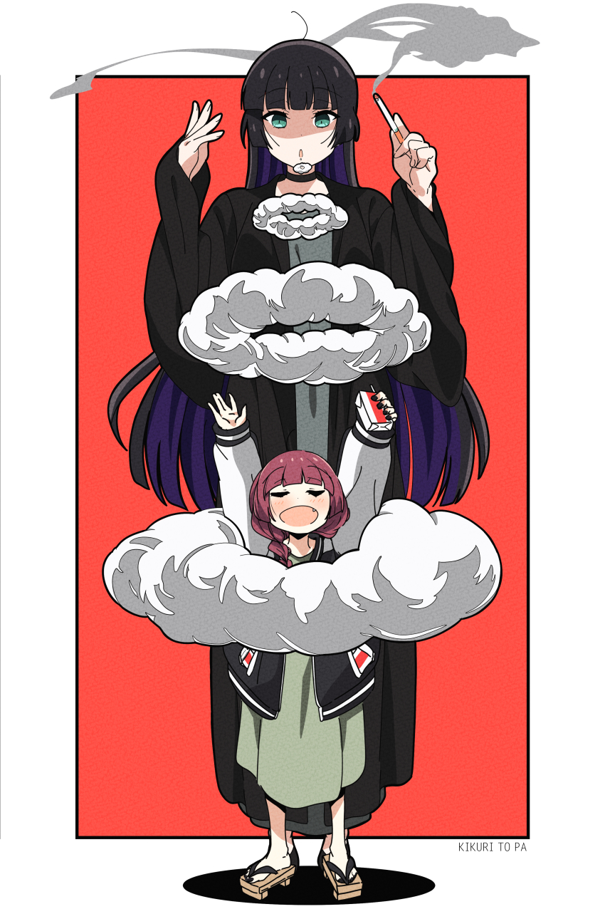 2girls, absurdres, alternate_height, arms_up, behind_another, black_hair, black_nails, black_robe