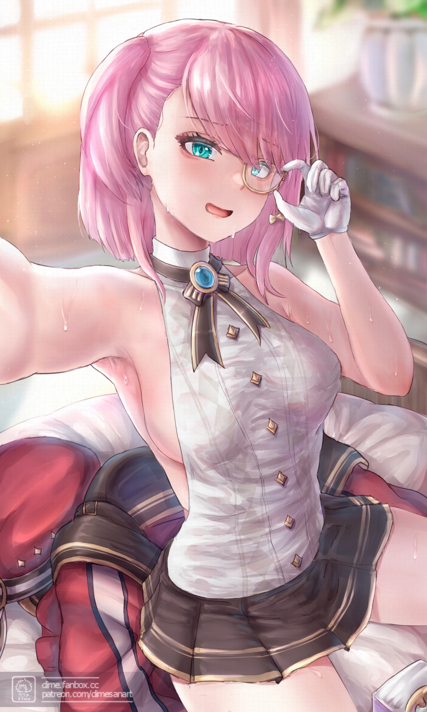 1girl, absurdres, adjusting_monocle, aqua_eyes, arm_up, armpits, artist_logo, blue_gem, blurry, blurry_background, breasts, brown_skirt, charlotte_(genshin_impact), commentary, dime-san, english_commentary, gem, genshin_impact, gloves, grey_shirt, hat, highres, indoors, jacket, logo, looking_at_viewer, medium_breasts, monocle, one_side_up, paid_reward_available, pink_hair, selfie, shirt, short_hair, sideboob, sitting, skirt, sleeveless, sleeveless_shirt, solo, sweat, unworn_hat, unworn_headwear, unworn_jacket, white_gloves